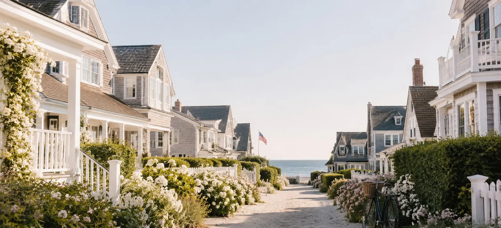 A row of weathered shingle homes facing the harbor at dawn.