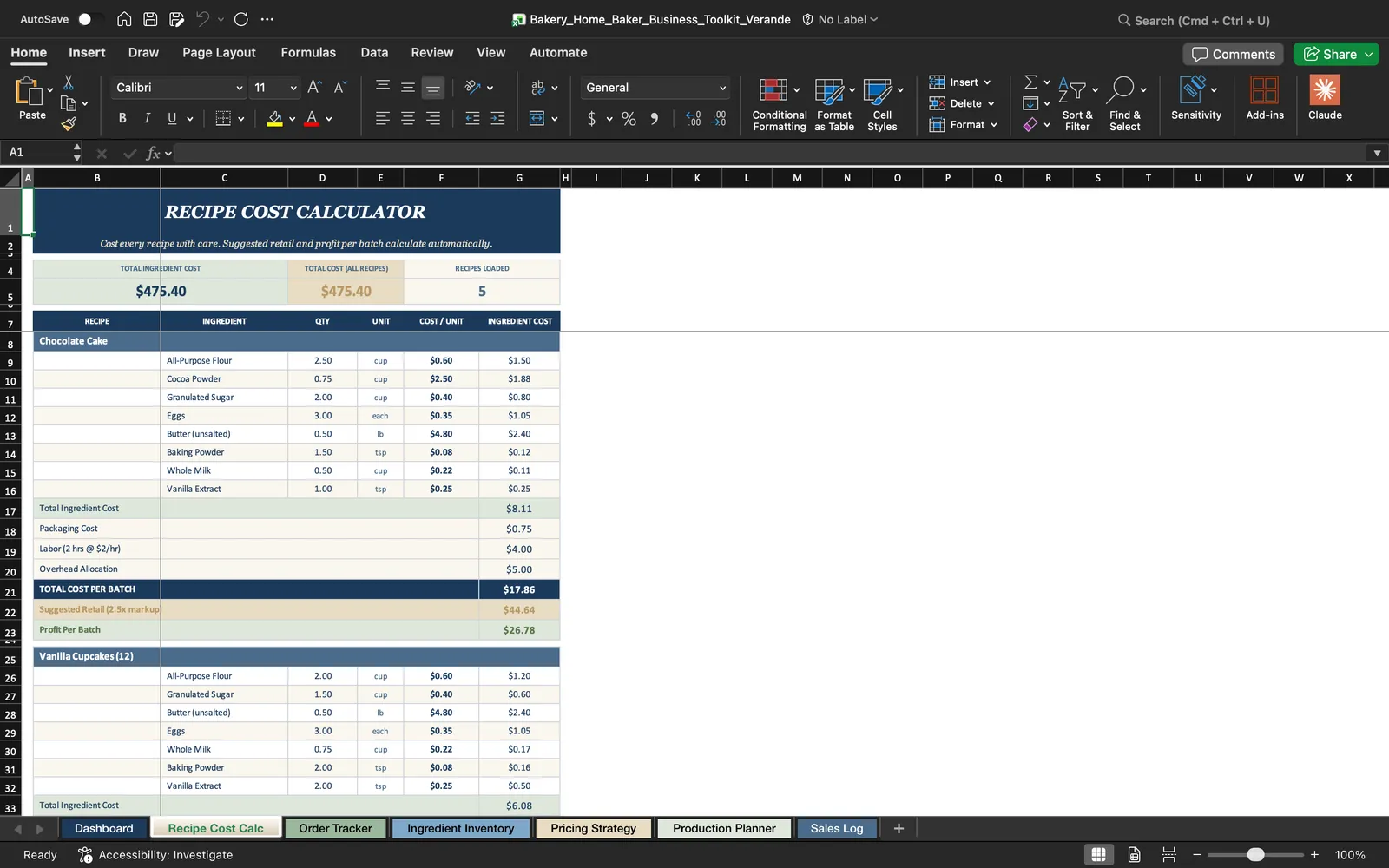 Bakery, Recipe Cost Calc