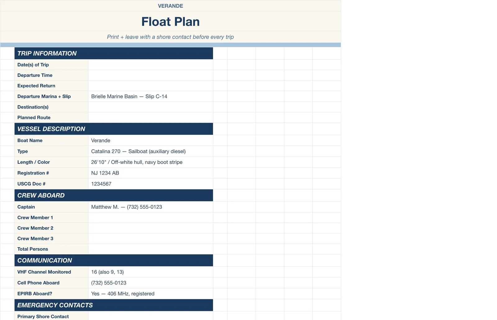 Boat Sailing Log, Float Plan