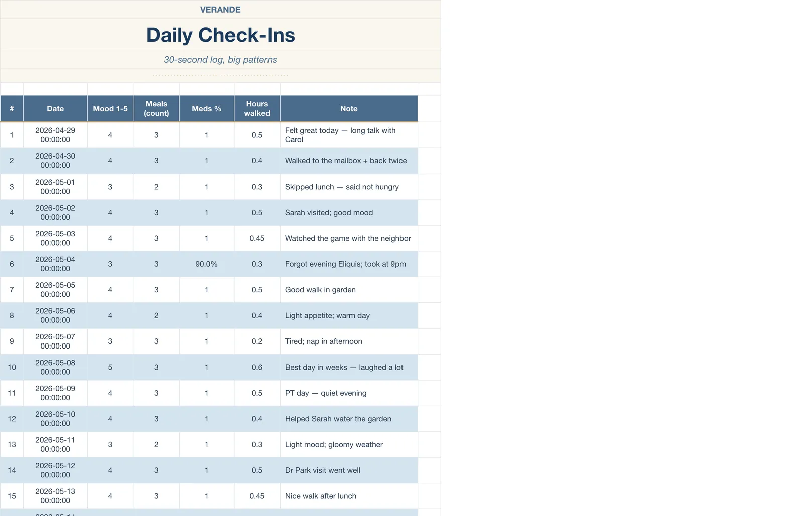Caregiver Binder Aging Parent, Daily Check-Ins