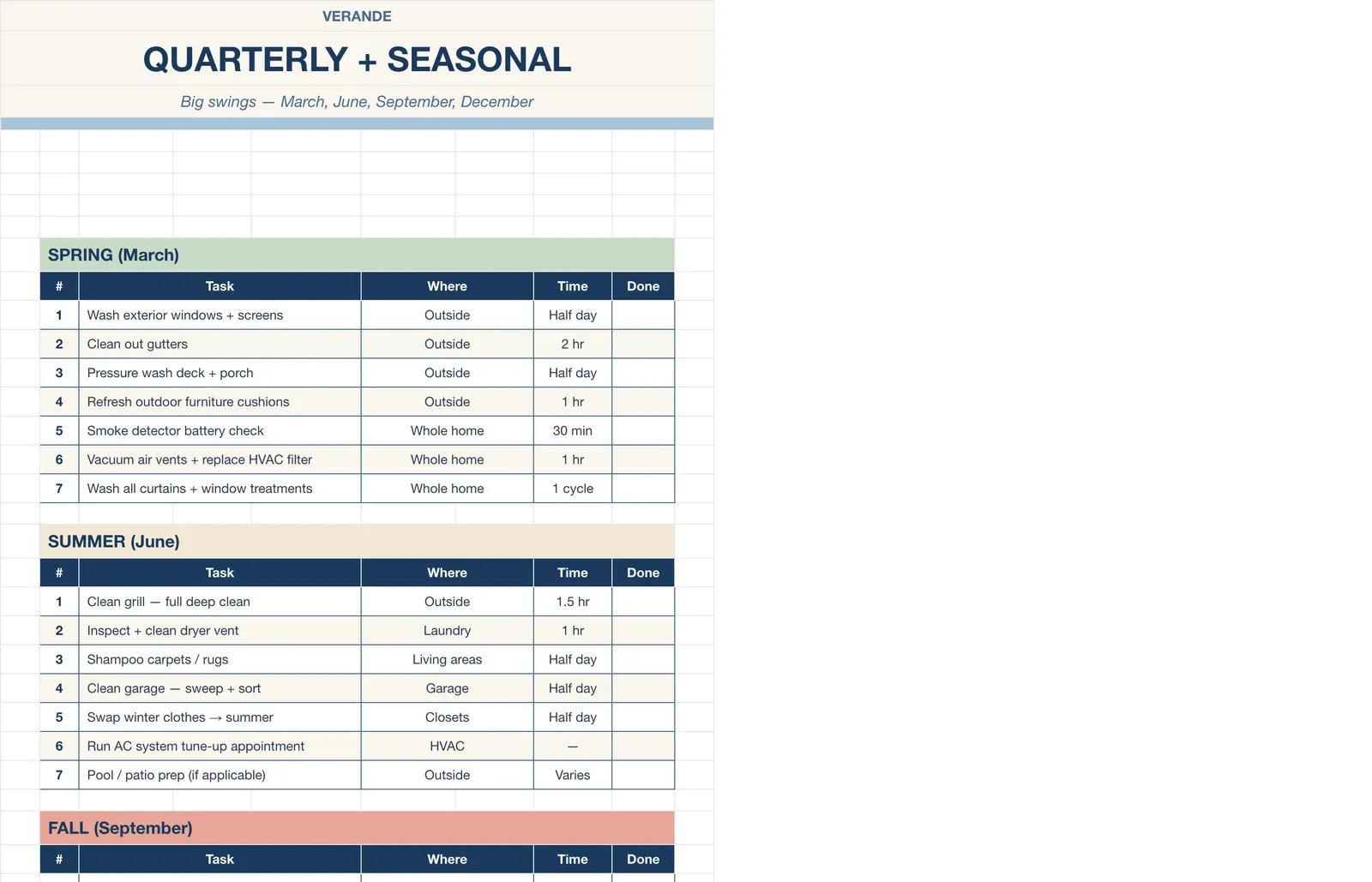 Cleaning Schedule, Quarterly & Seasonal