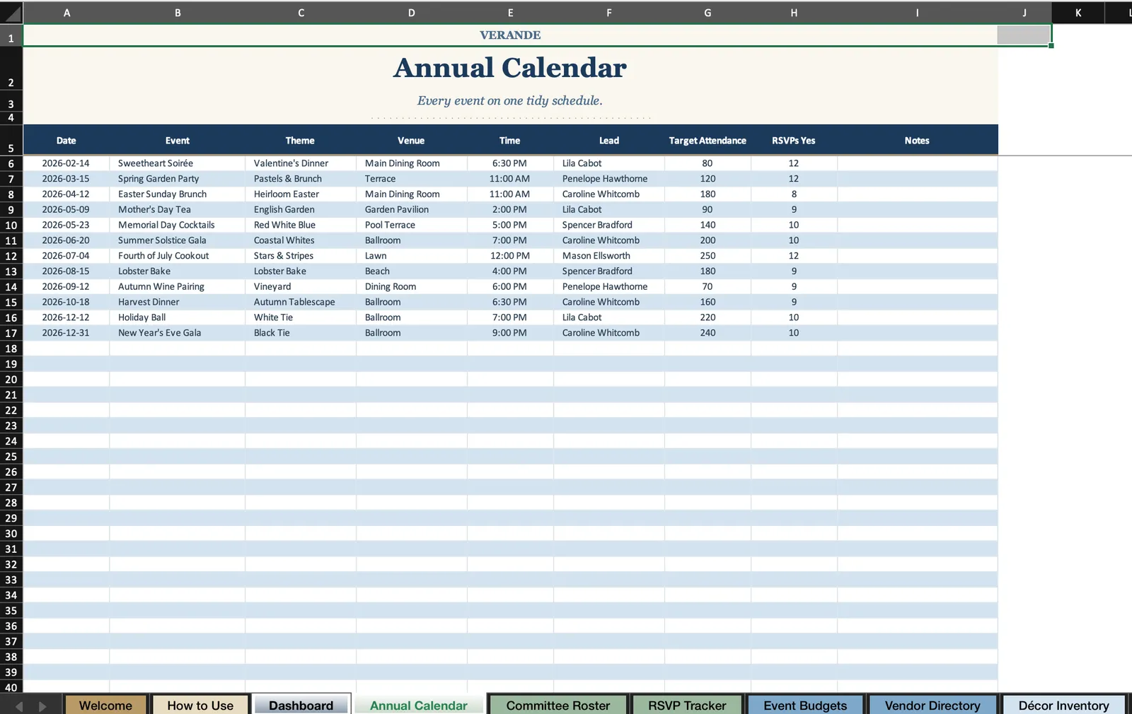 Country Club, Annual Calendar