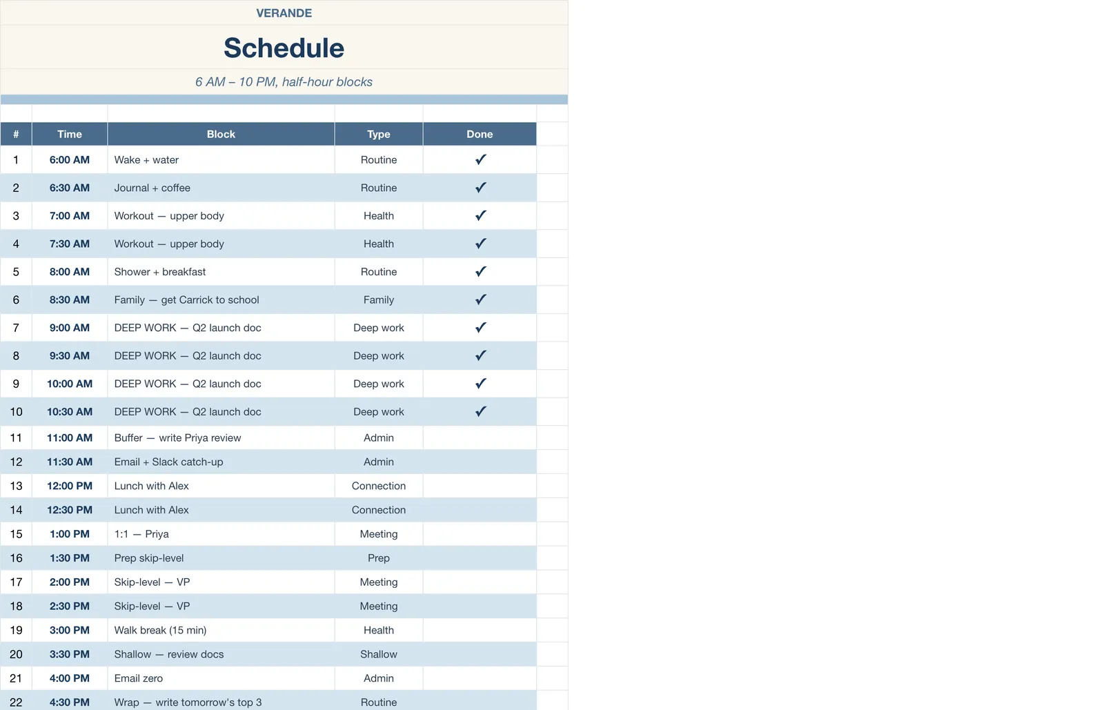 Daily Planner, Schedule