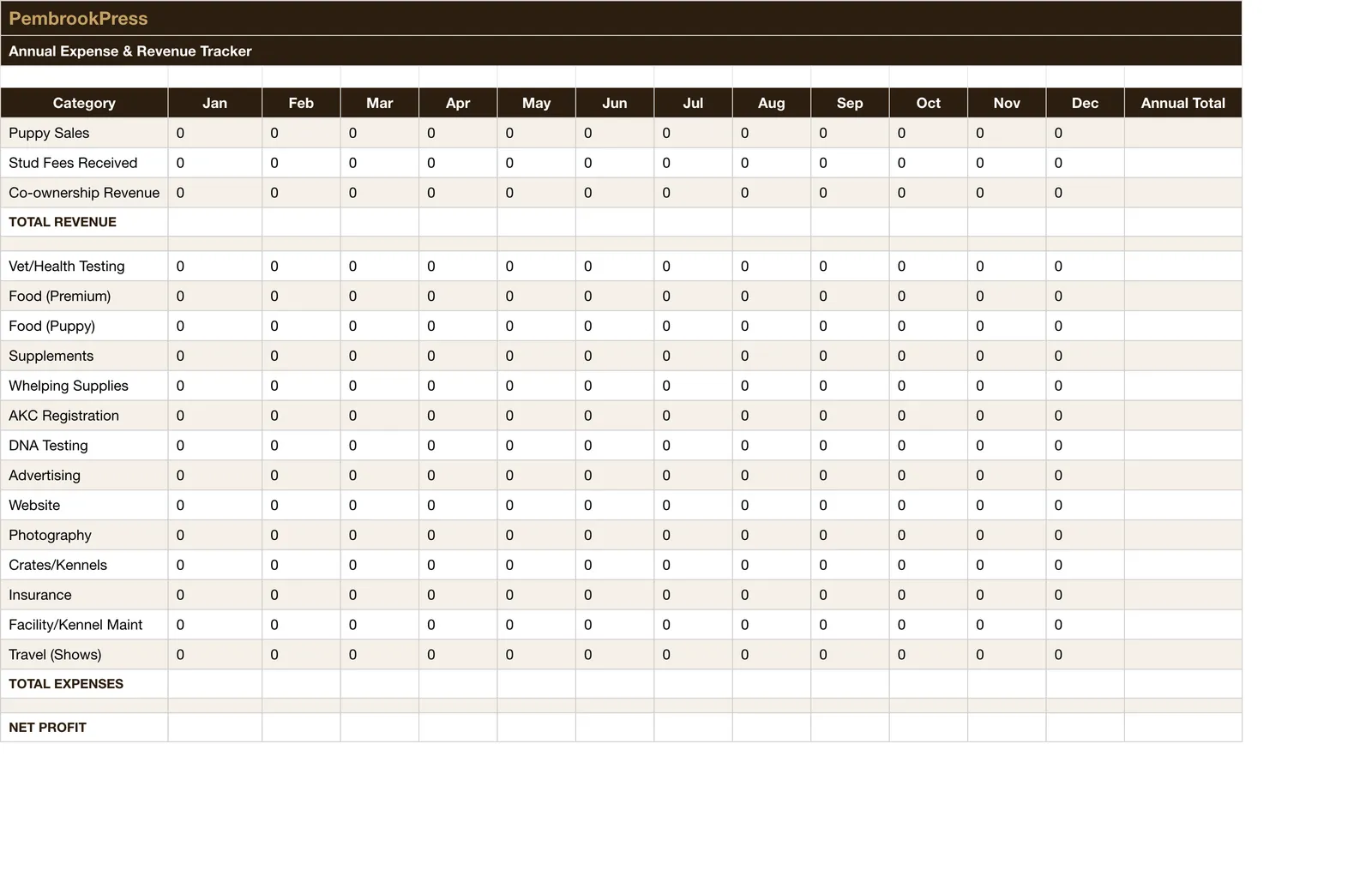 Dog Breeding Business Toolkit, Expense & Revenue Tracker