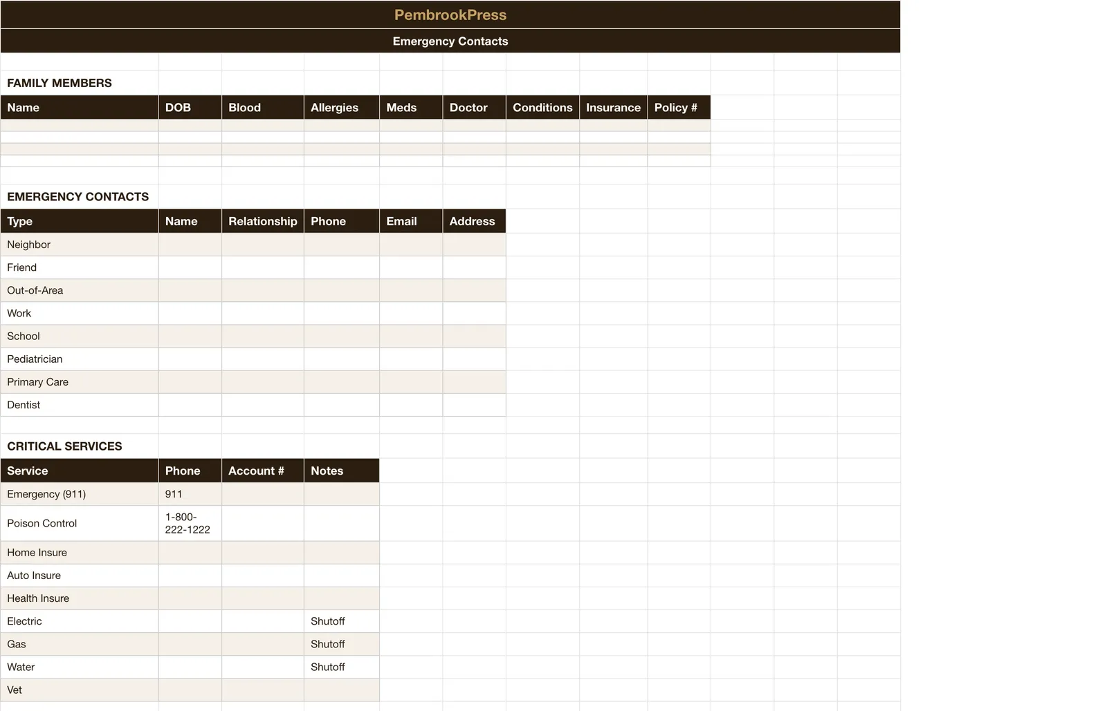 Family Emergency Preparedness Planner, Emergency Contact Dir
