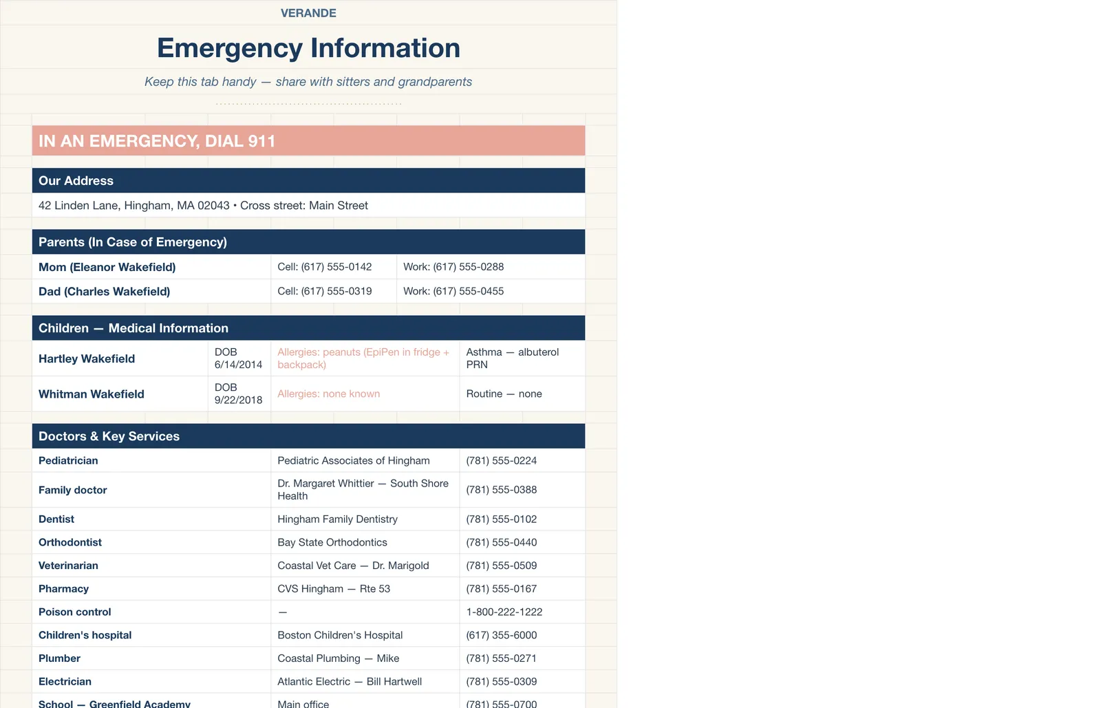 Family Manager Household Operations, Emergency Info
