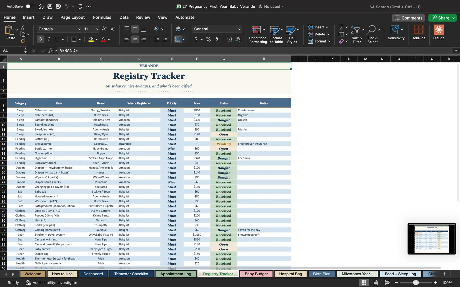 First Year Parent, Registry Tracker