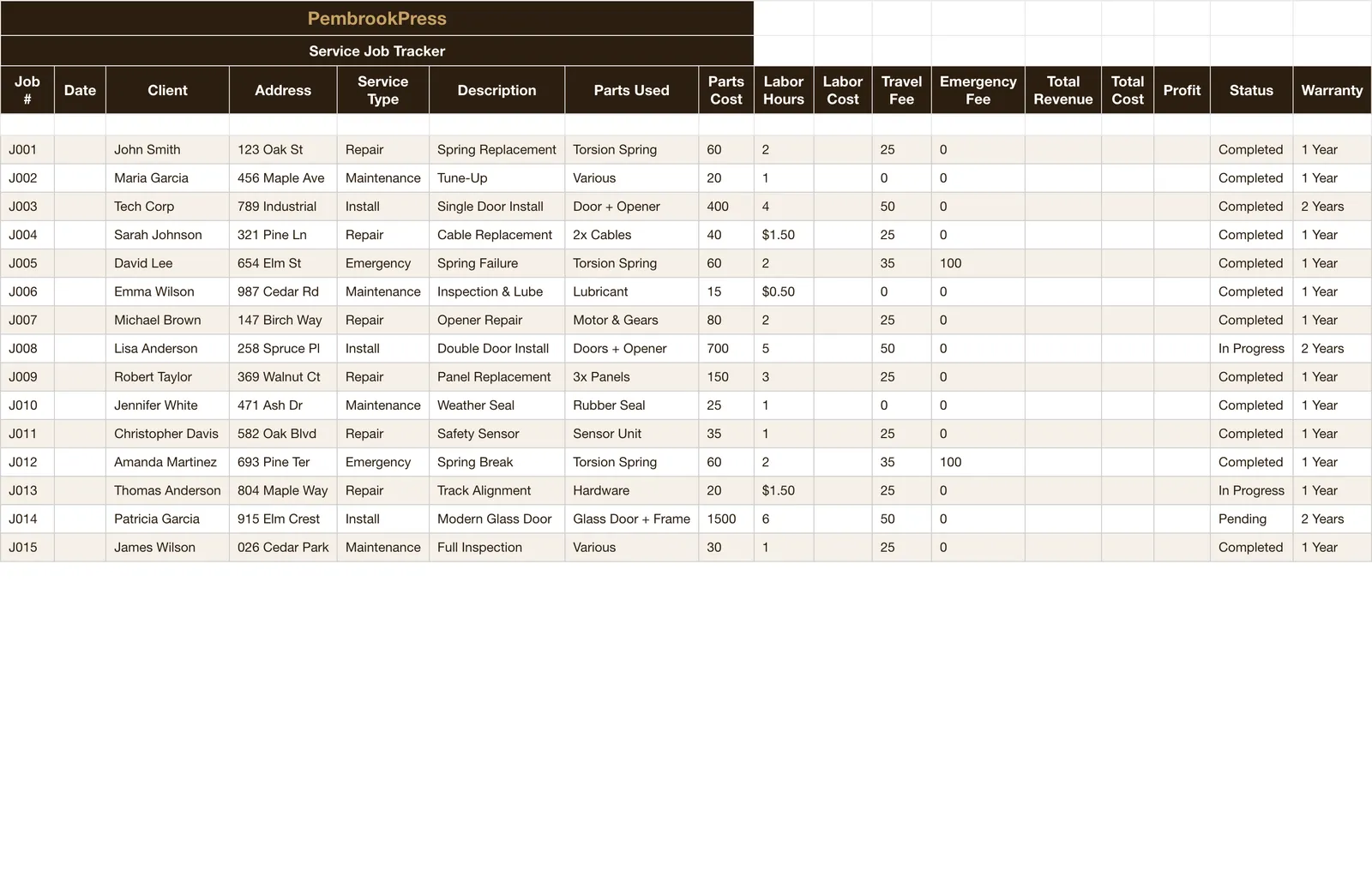 Garage Door Service Business, Job Tracker