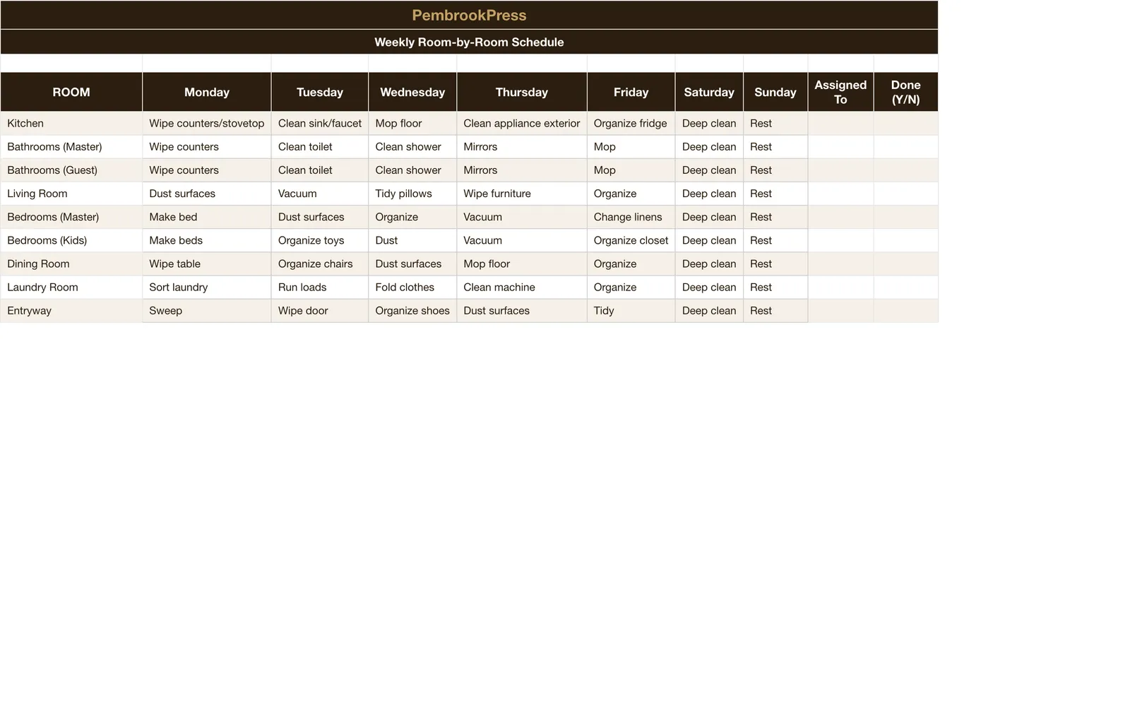 Home Cleaning Schedule Chore Chart, Weekly Cleaning Schedule