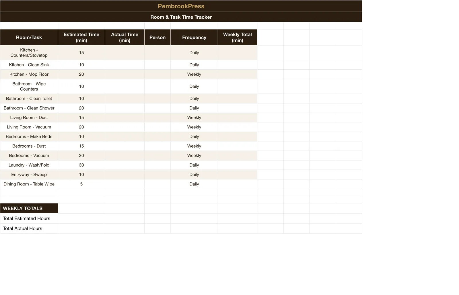 Home Cleaning Schedule Chore Chart, Cleaning Time Tracker