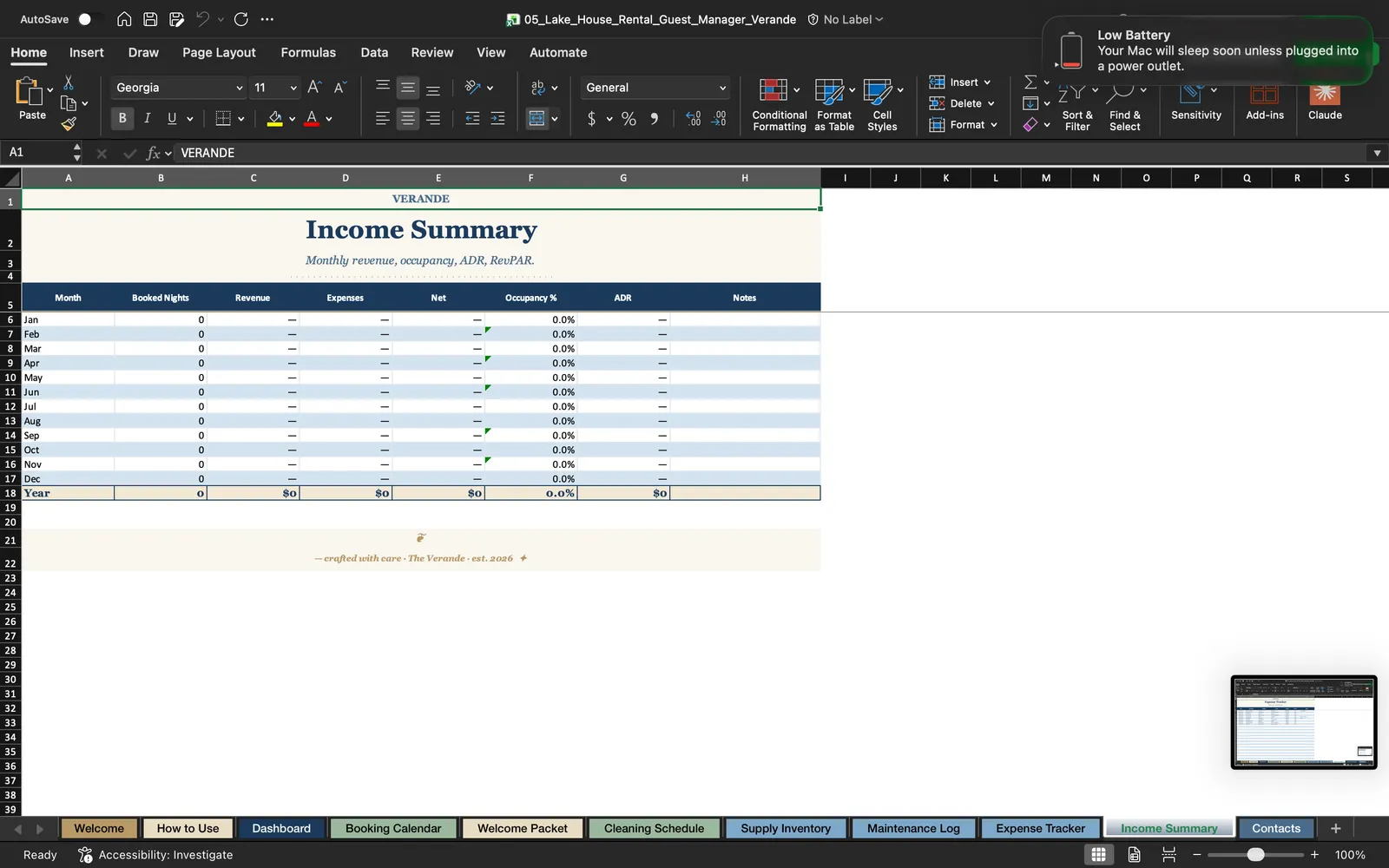 Lake House Manager, Income Summary