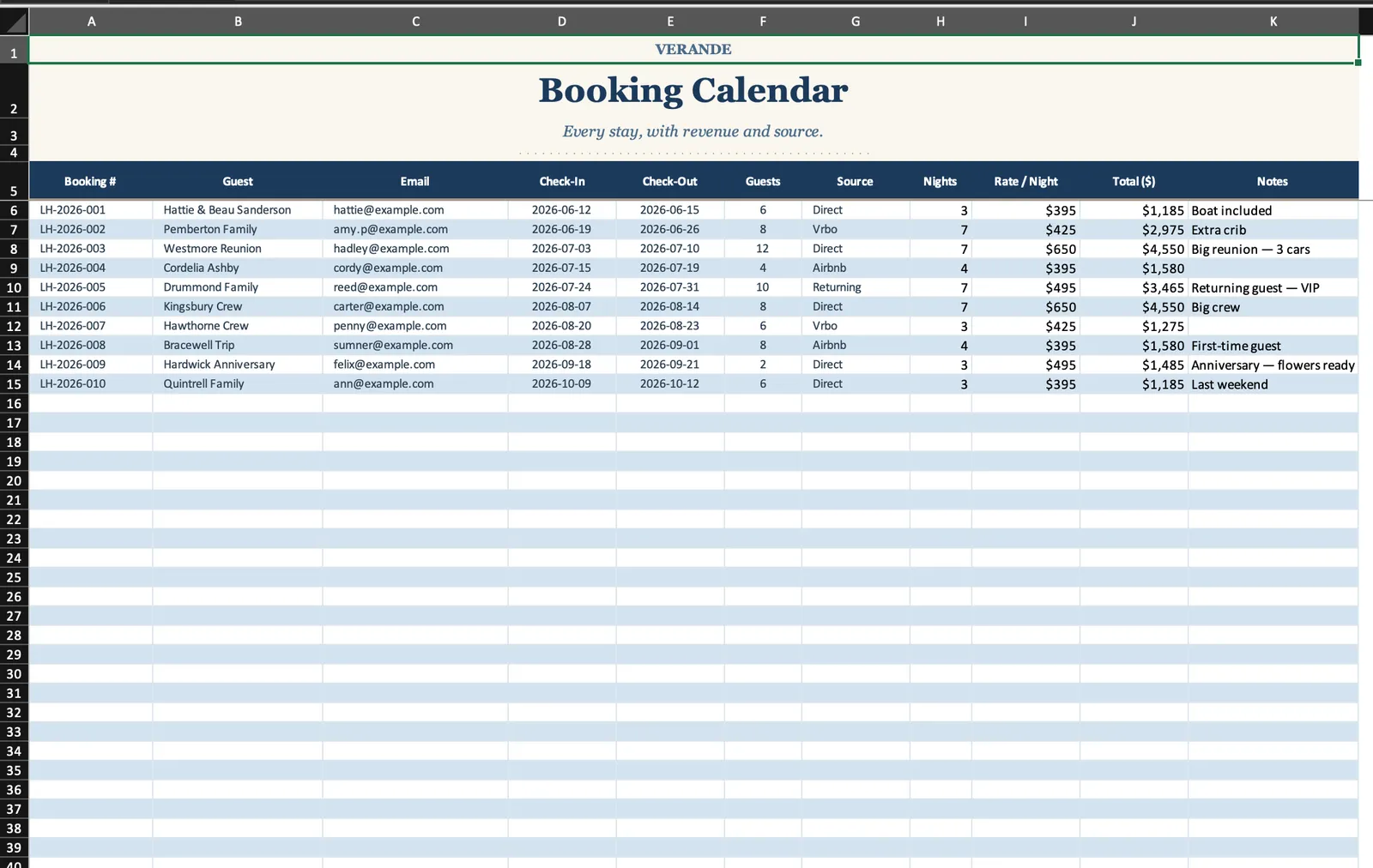 Lake House Manager, Booking Calendar