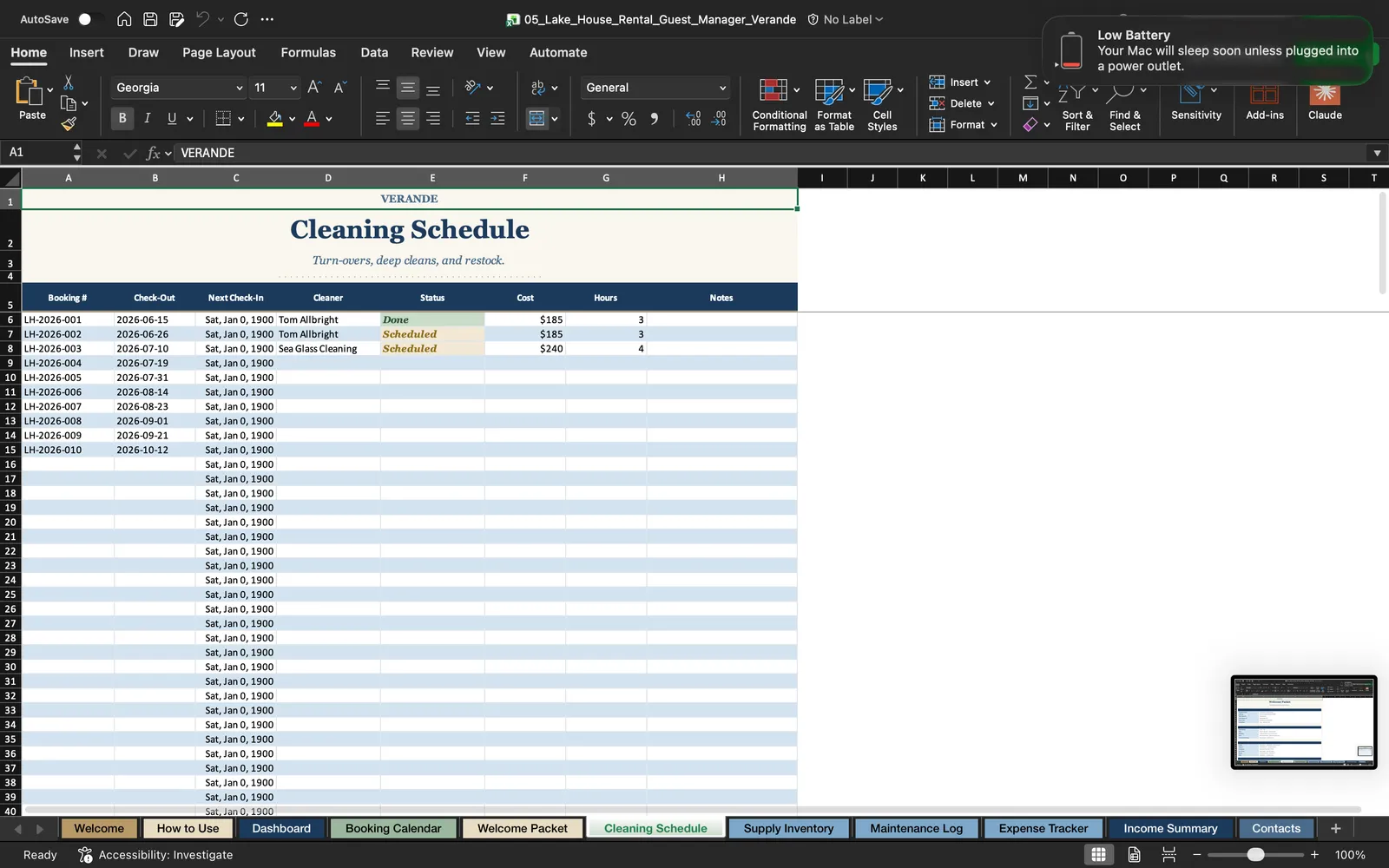 Lake House Manager, Cleaning Schedule