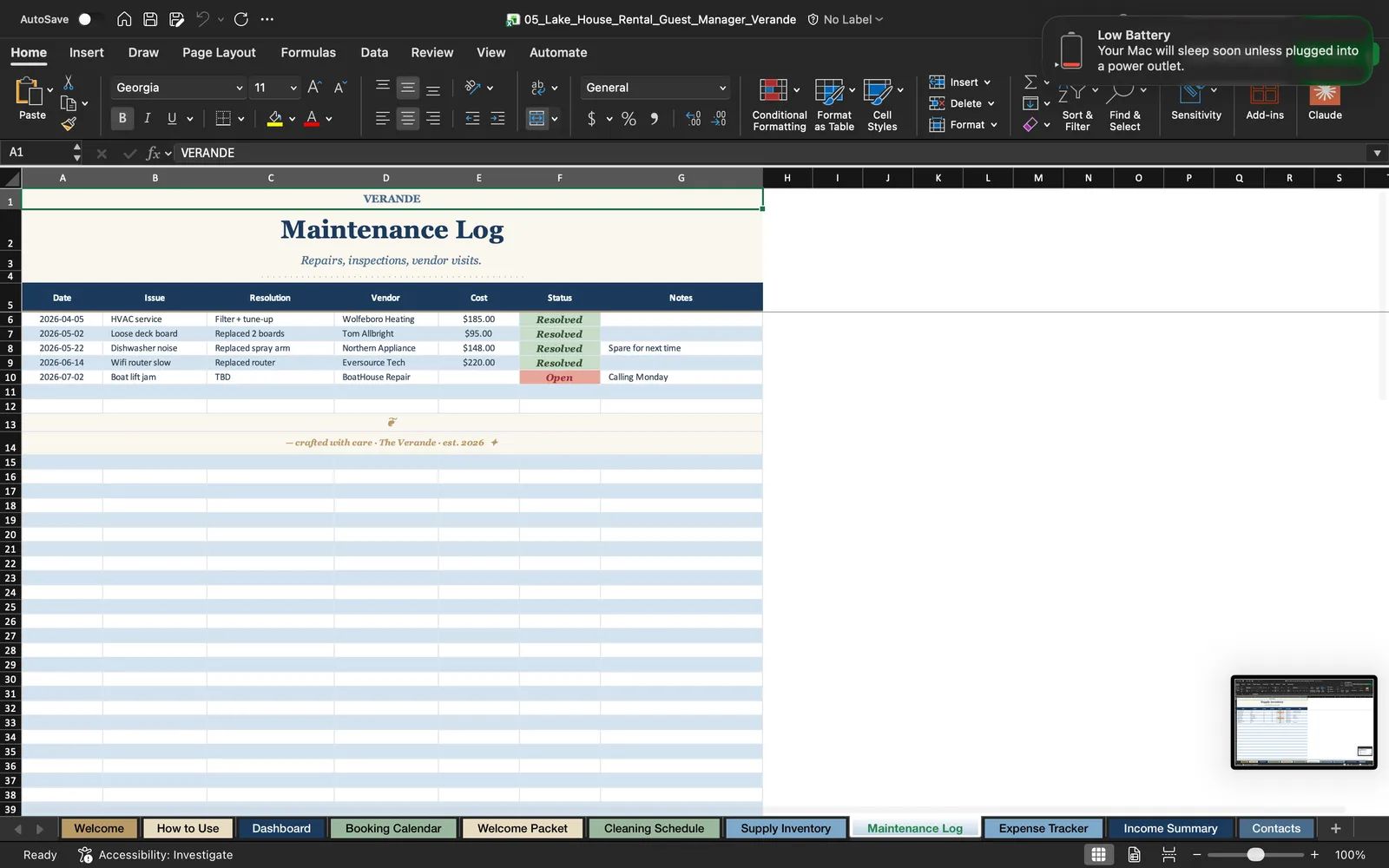 Lake House Manager, Maintenance Log