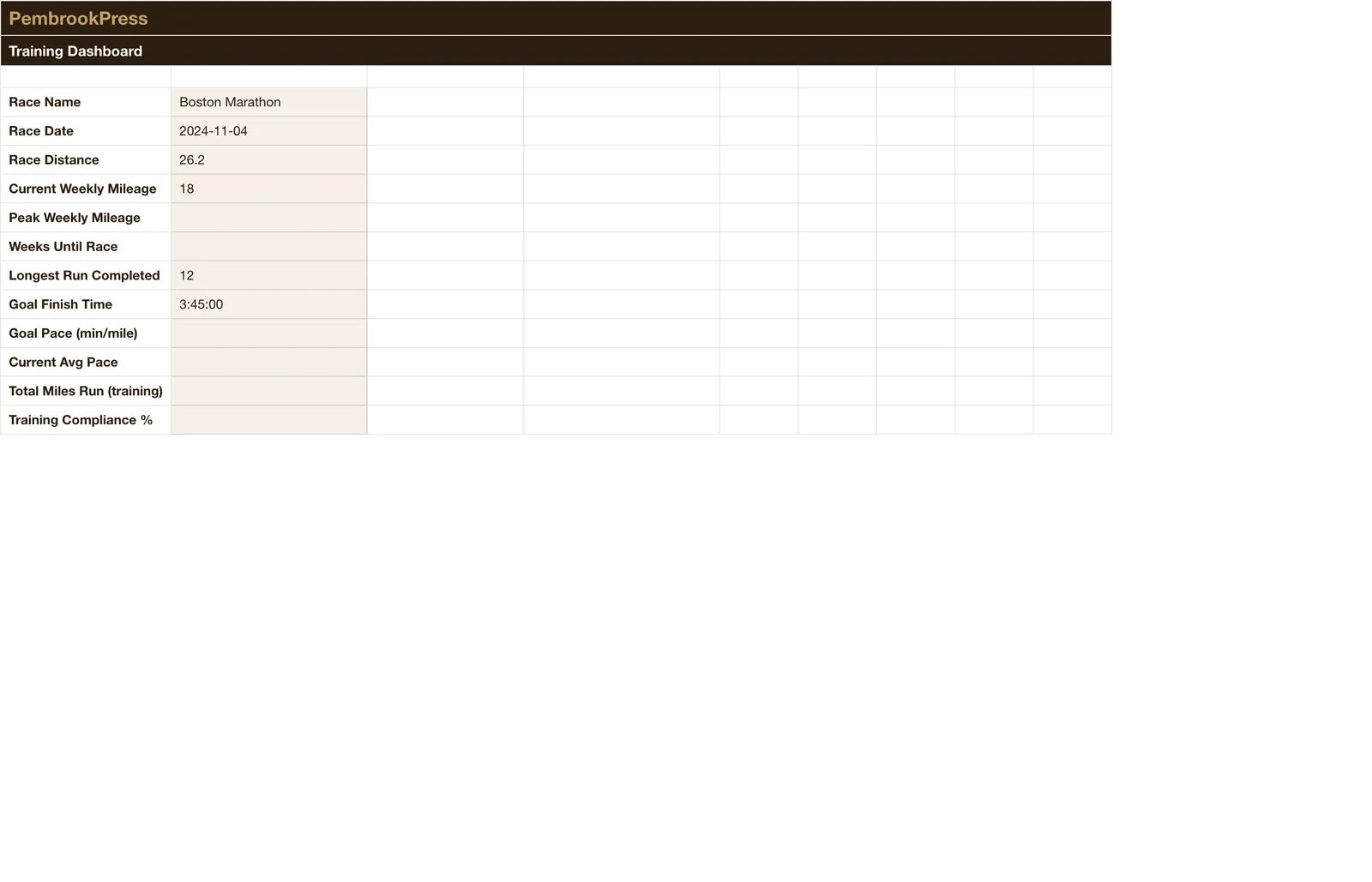 Marathon Running Training Planner, Dashboard