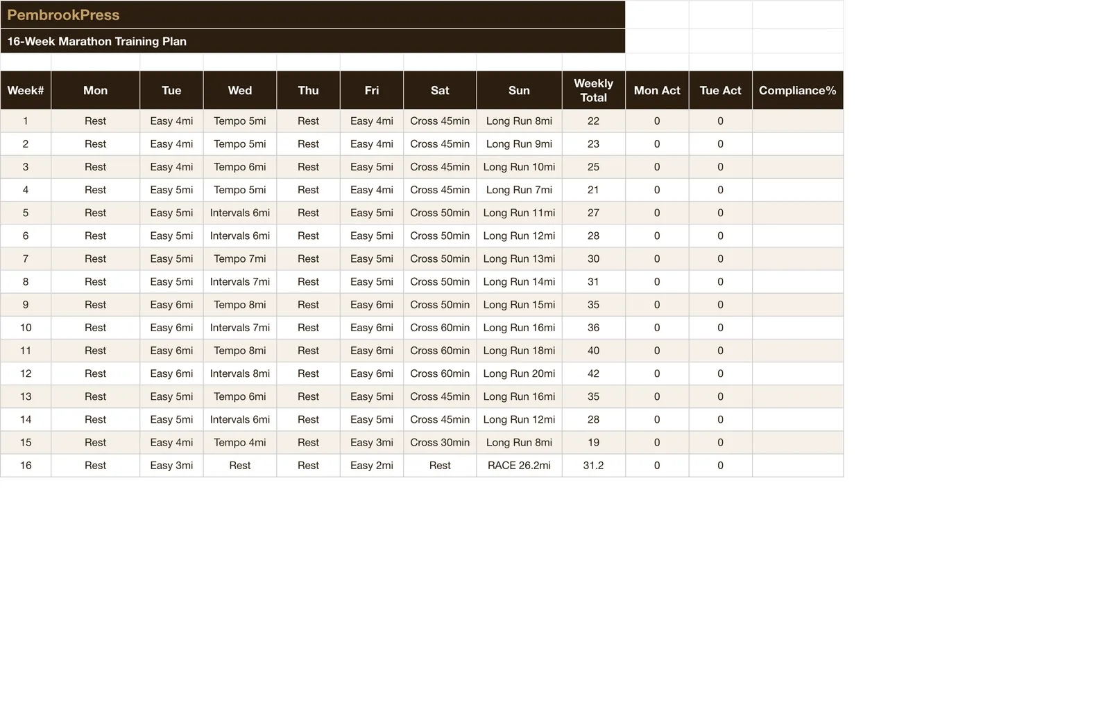 Marathon Running Training Planner, 16-Week Training Plan