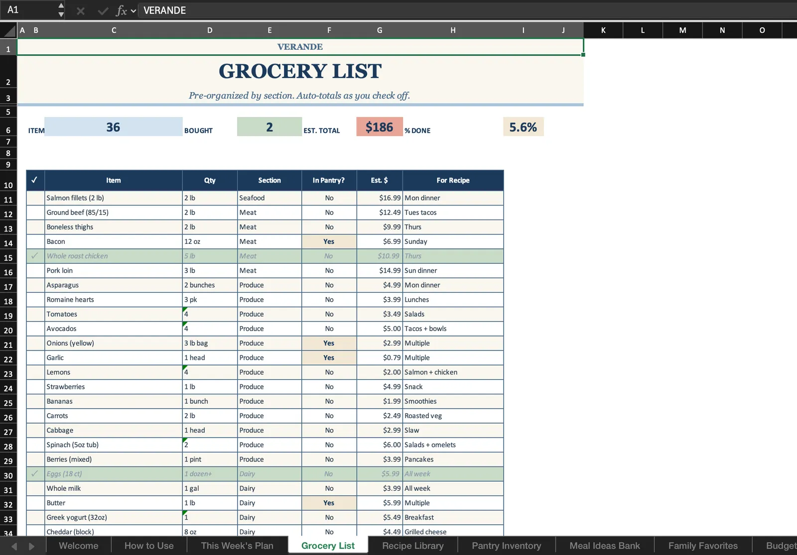 Meal Plan, Grocery List