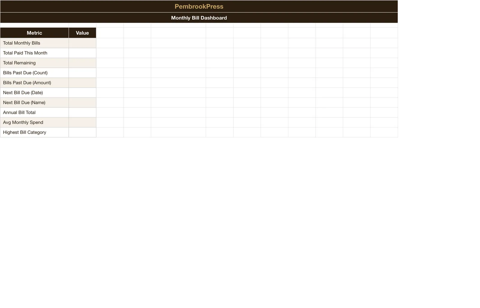 Monthly Bill Organizer Payment Tracker, Dashboard