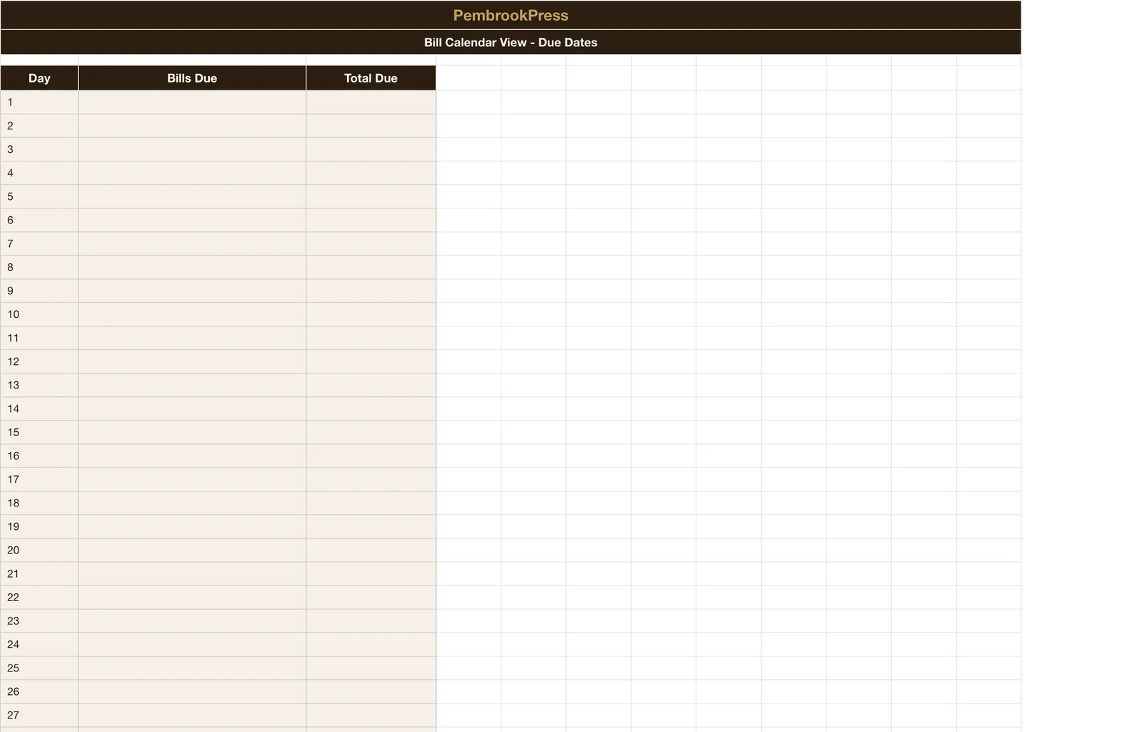 Monthly Bill Organizer Payment Tracker, Bill Calendar View