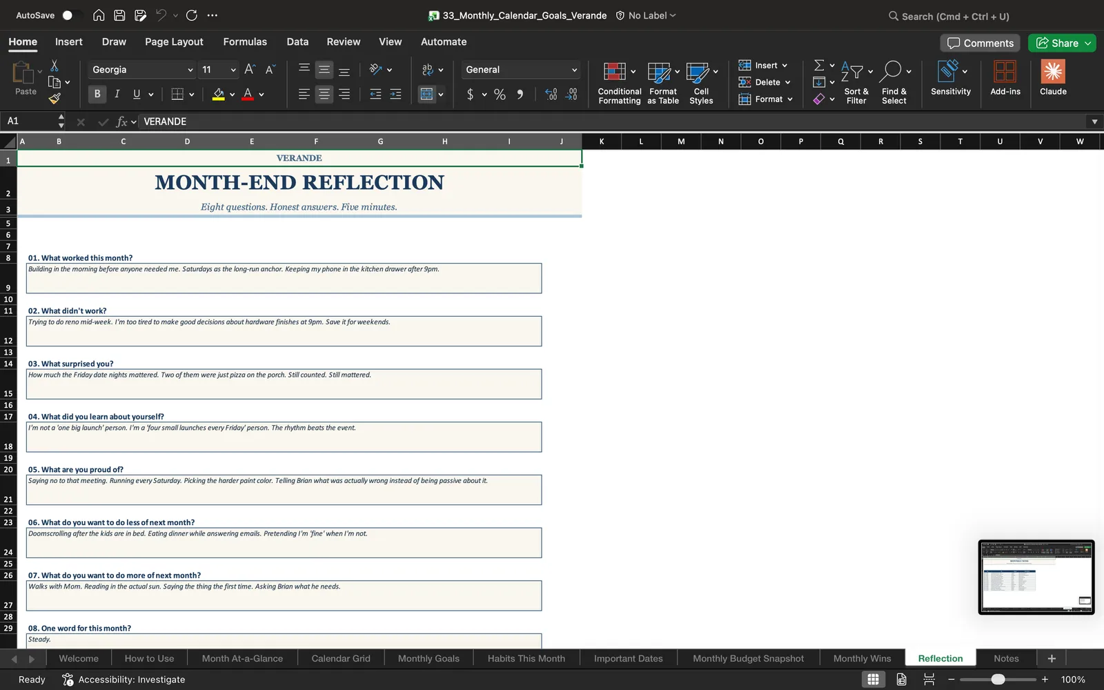 Monthly Calendar, Reflection