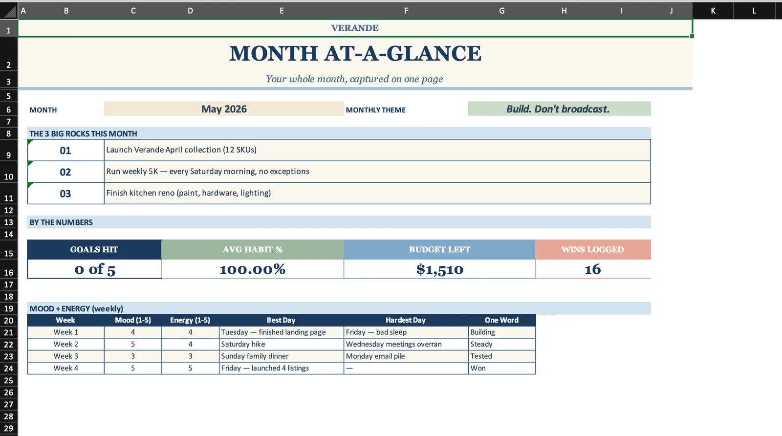 Monthly Calendar, Month At-a-Glance