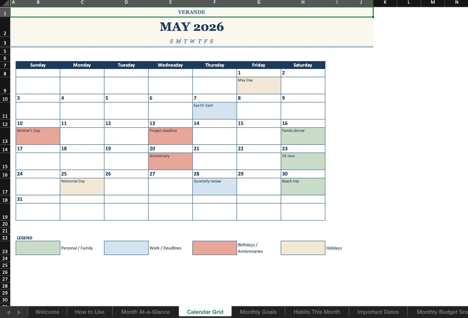 Monthly Calendar, Calendar Grid
