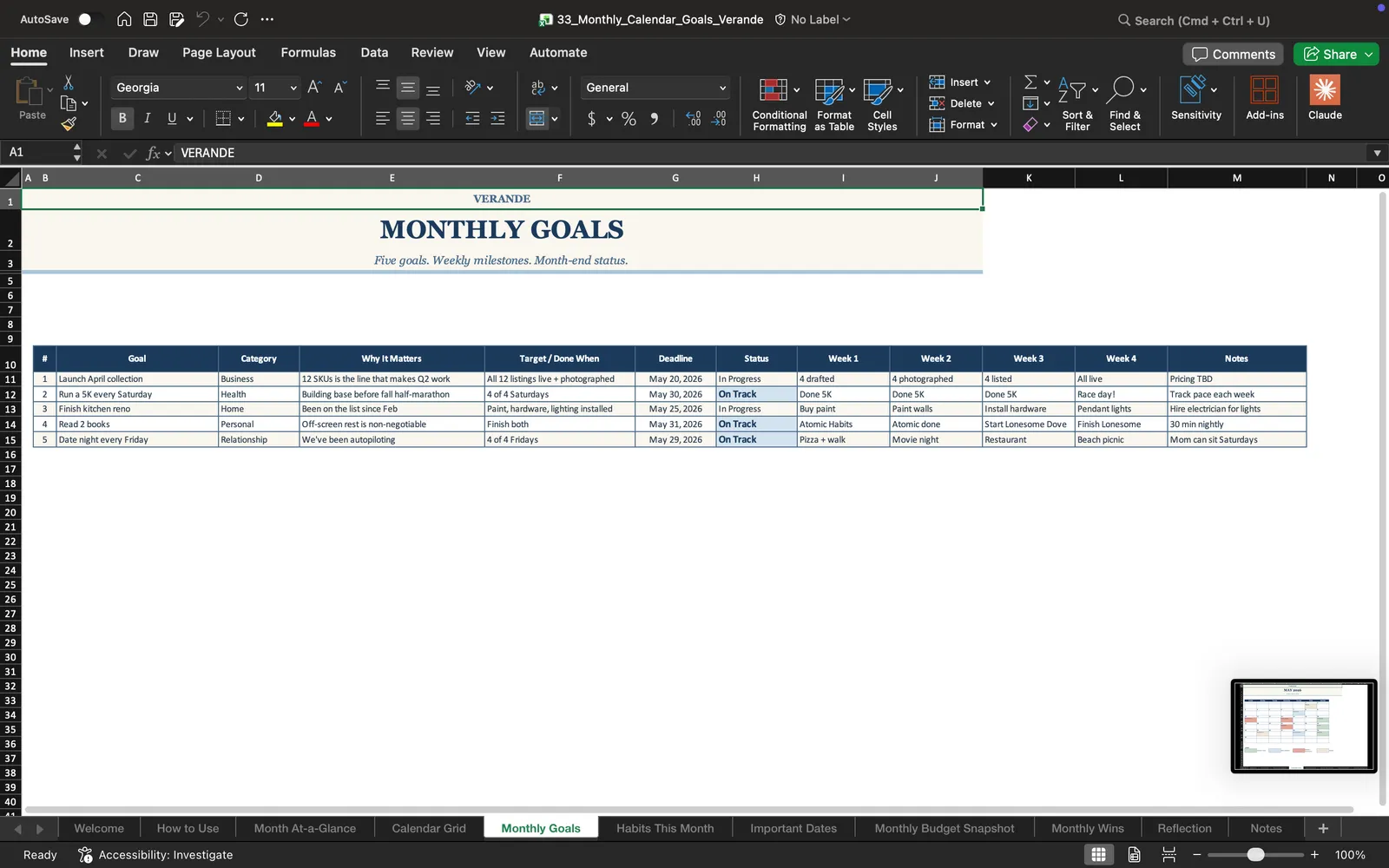 Monthly Calendar, Monthly Goals