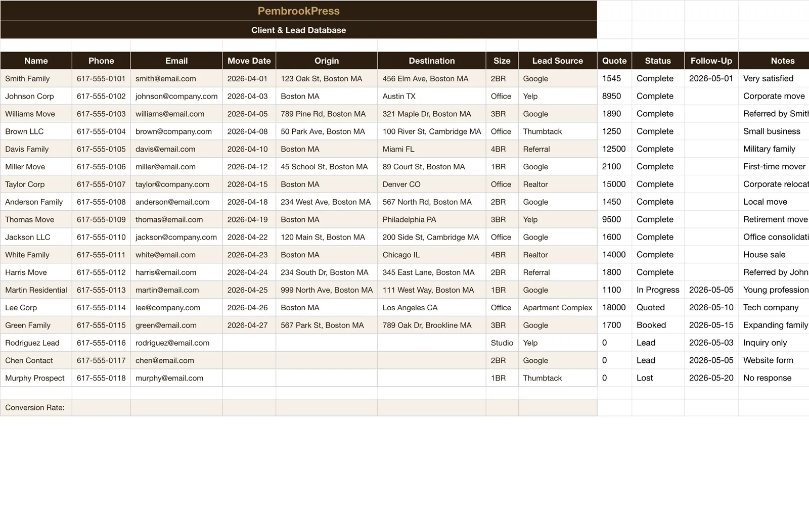 Moving Company Business, Client & Lead Database