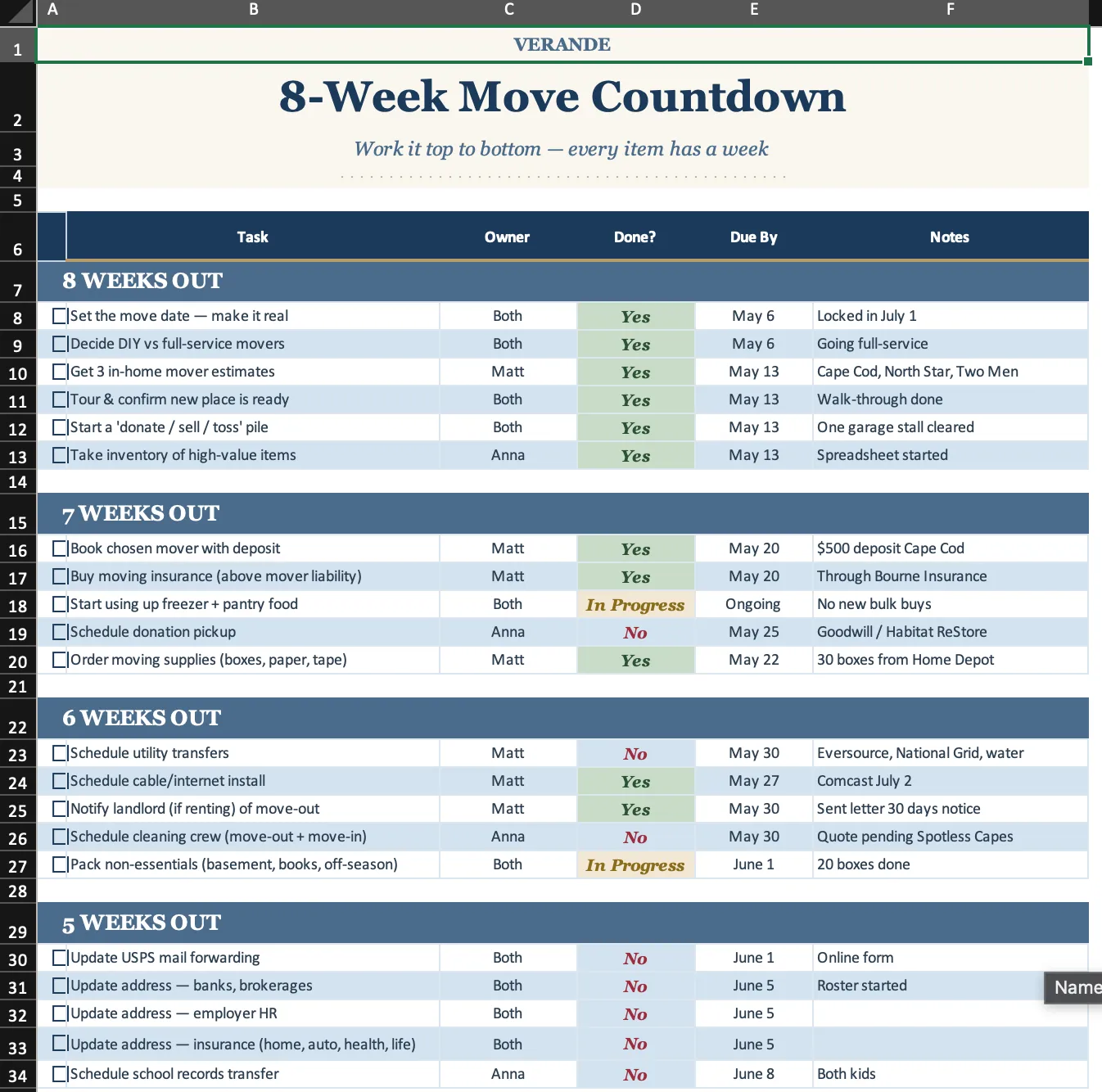 Moving Relocation, 8-Week Countdown