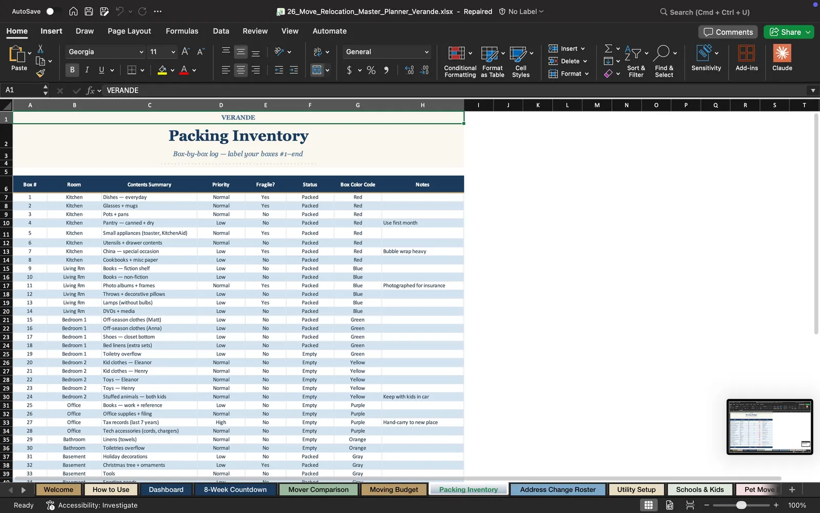 Moving Relocation, Packing Inventory