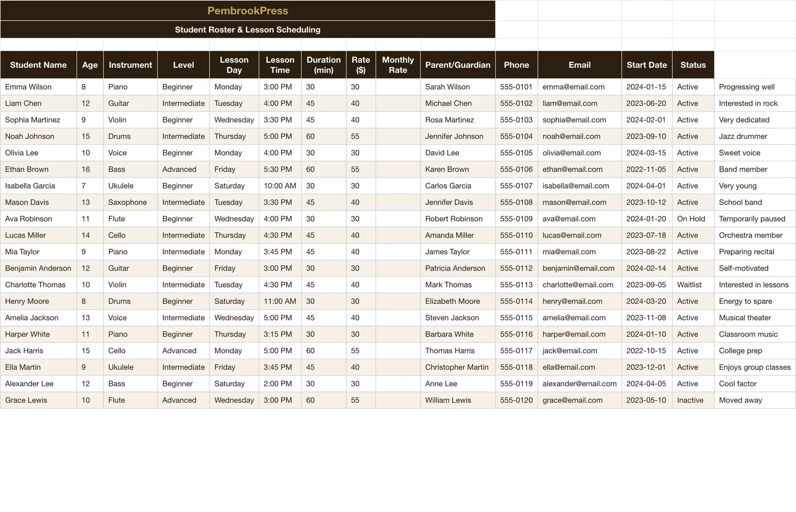 Music Lessons Teaching Business, Student Roster & Scheduling