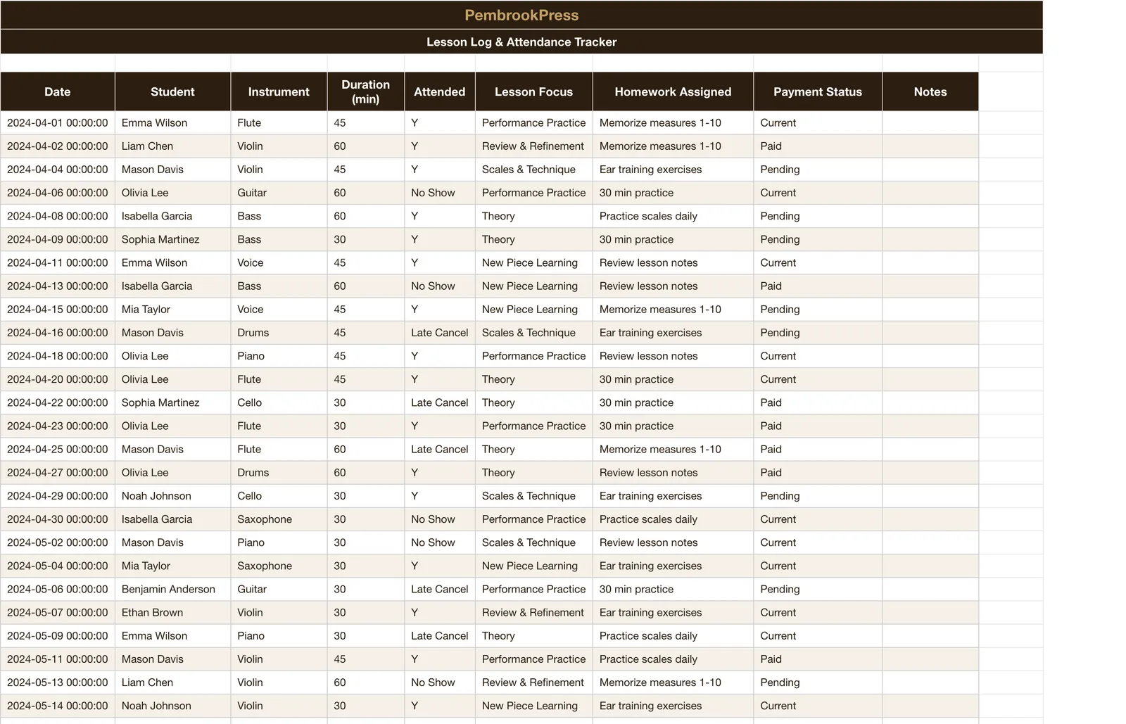 Music Lessons Teaching Business, Lesson Log & Attendance