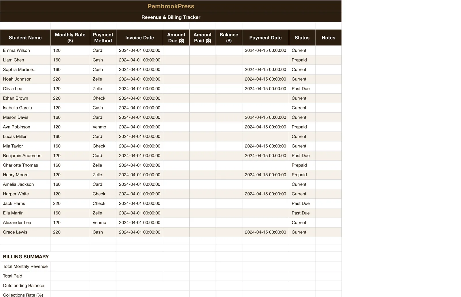 Music Lessons Teaching Business, Revenue & Billing Tracker