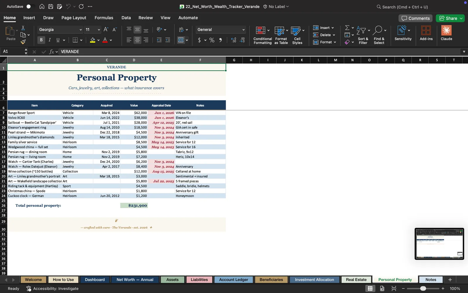 Net Worth Tracker, Personal Property