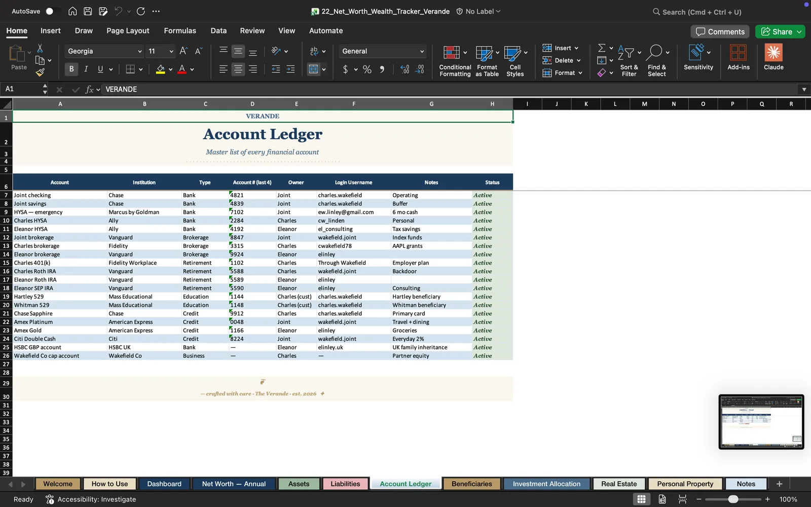 Net Worth Tracker, Account Ledger