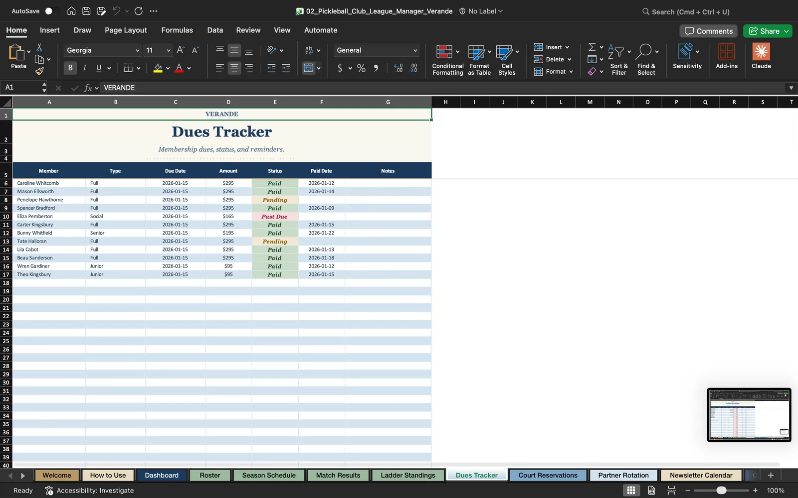 Pickleball Club, Dues Tracker