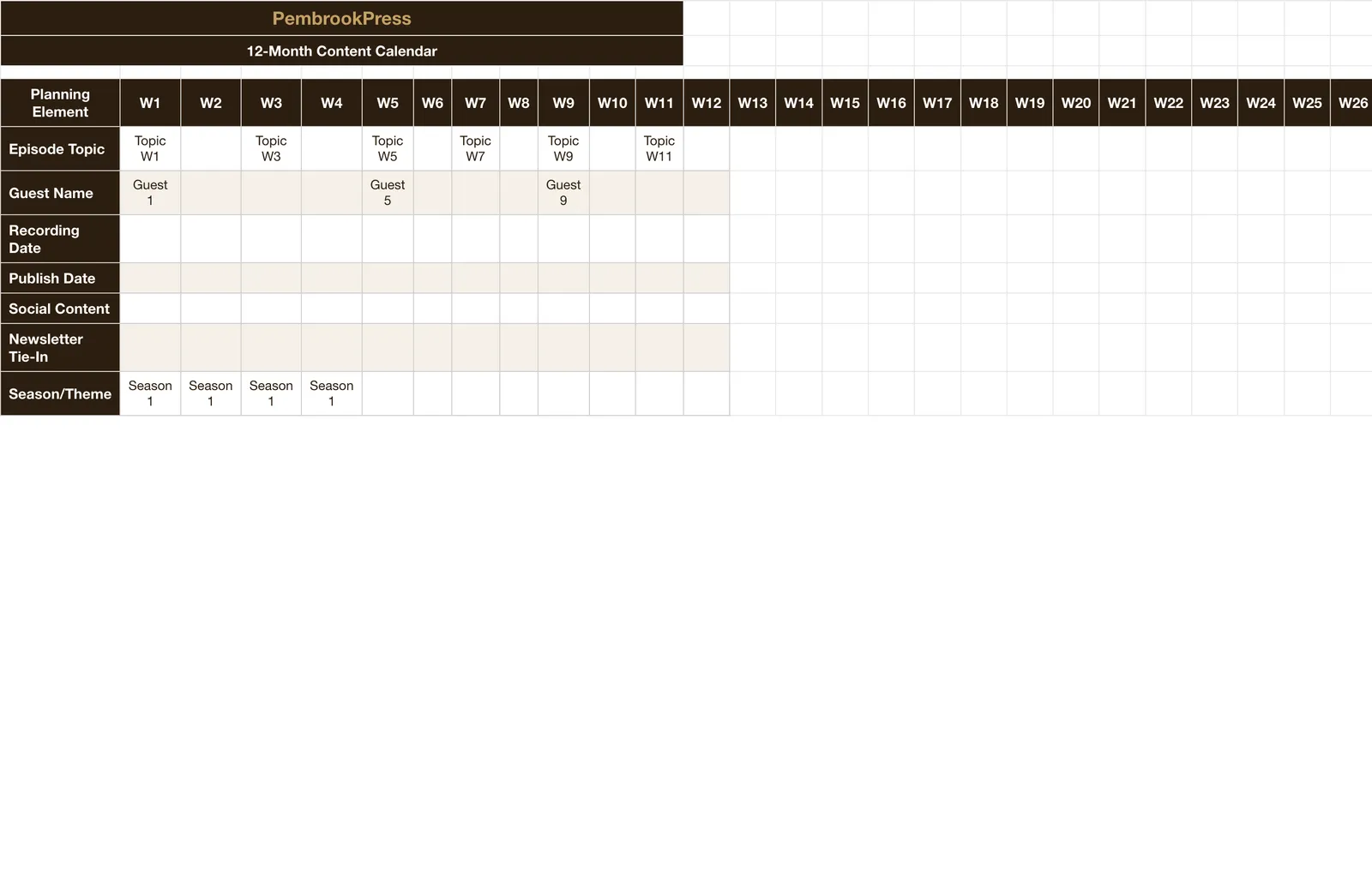 Podcast Launch Revenue Toolkit, Content Calendar