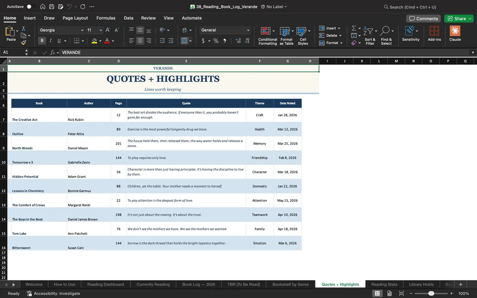 Reading Tracker, Quotes + Highlights