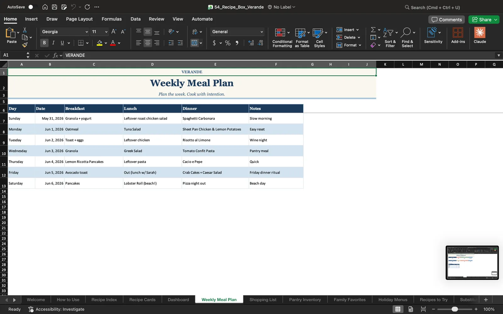 Recipe Box, Weekly Meal Plan