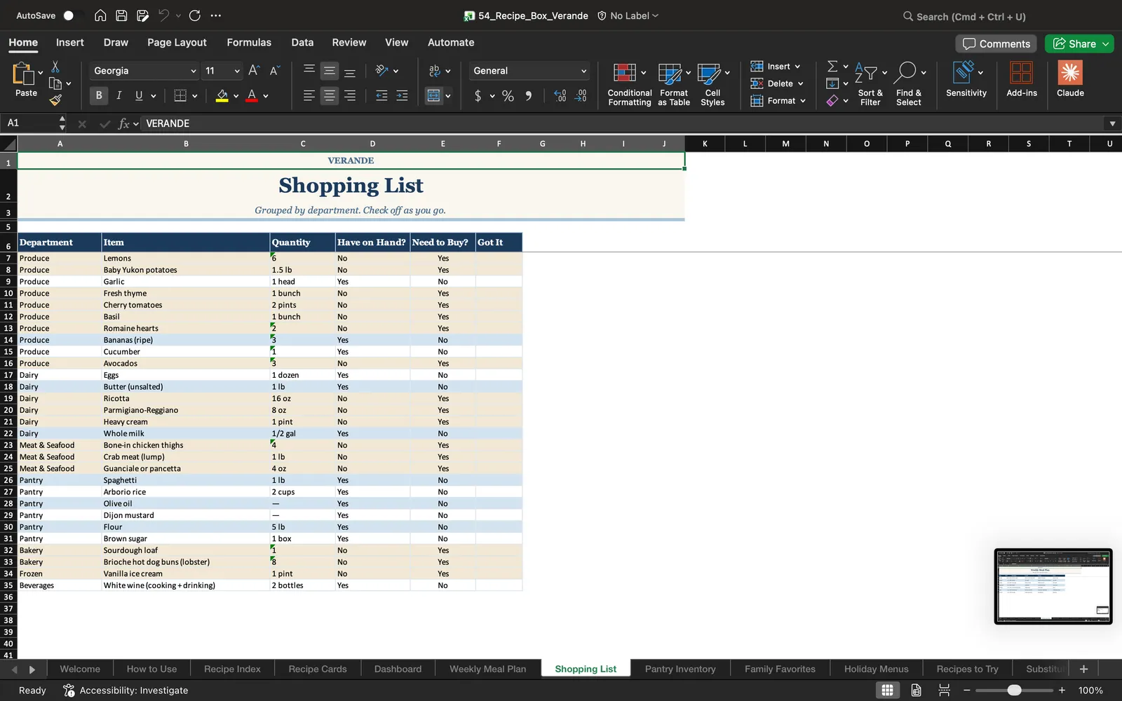 Recipe Box, Shopping List