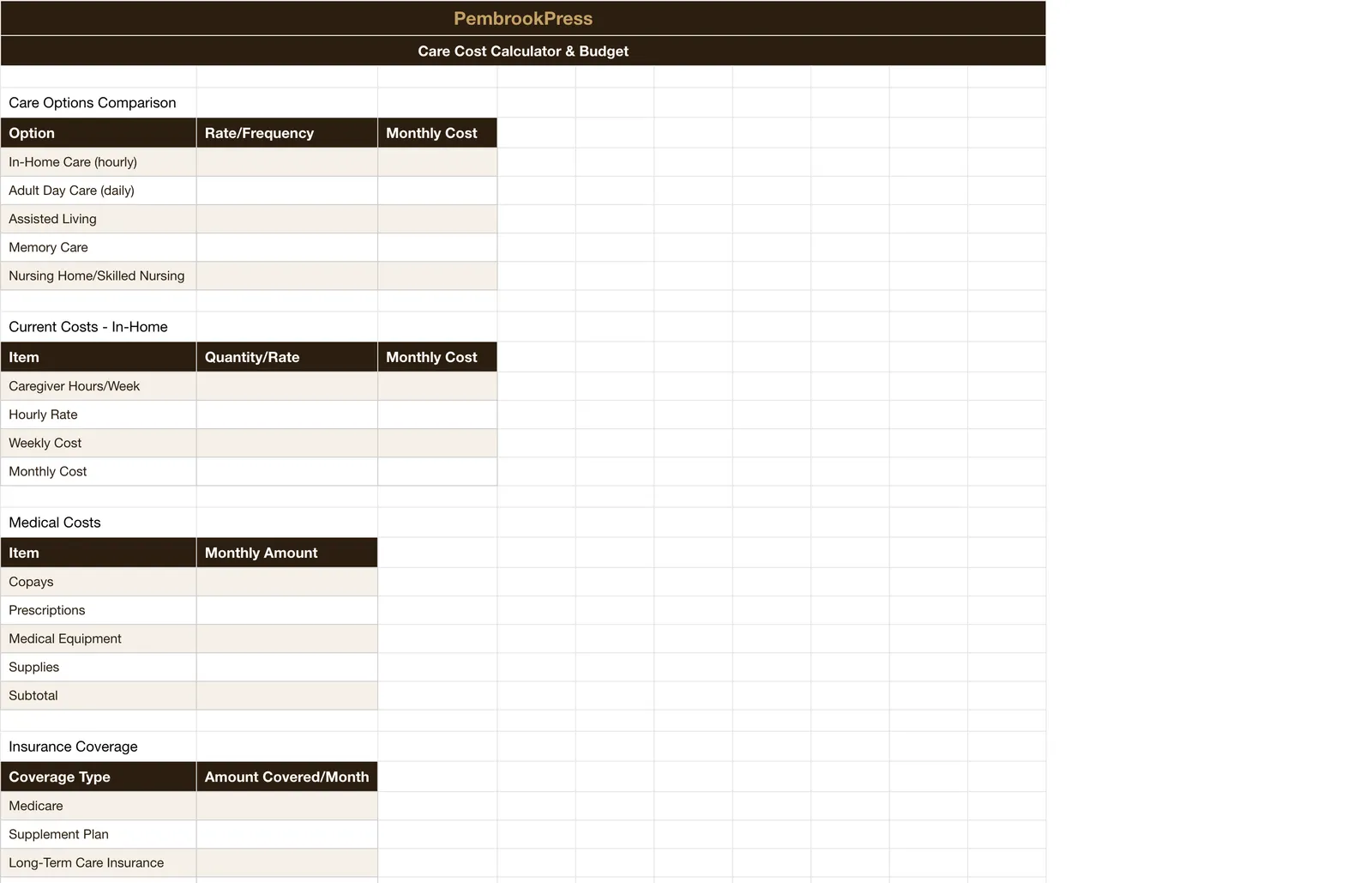 Senior Care Aging Parent Planner, Care Cost Calculator