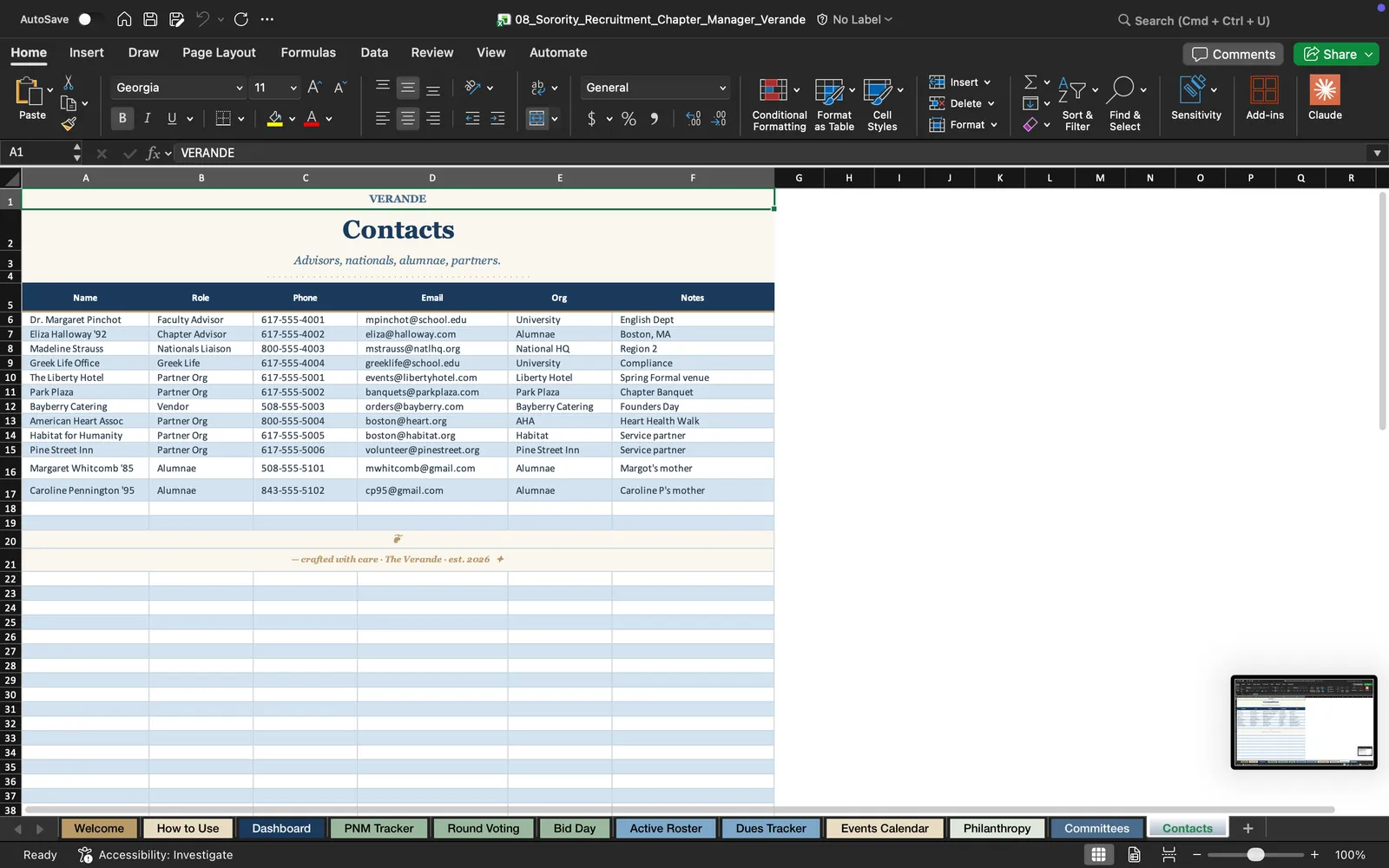 Sorority Planner, Contacts