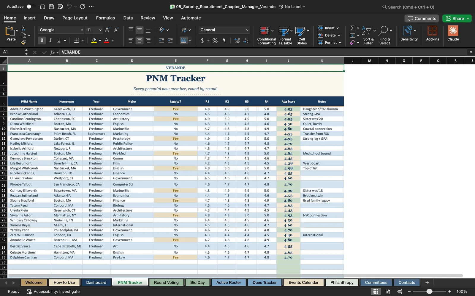 Sorority Planner, PNM Tracker