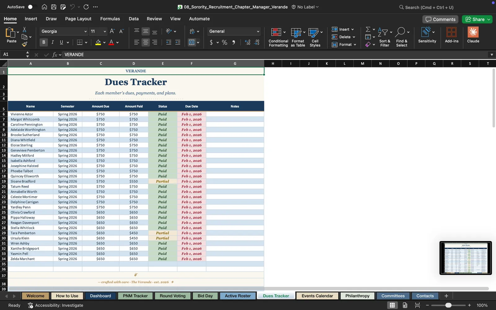 Sorority Planner, Dues Tracker