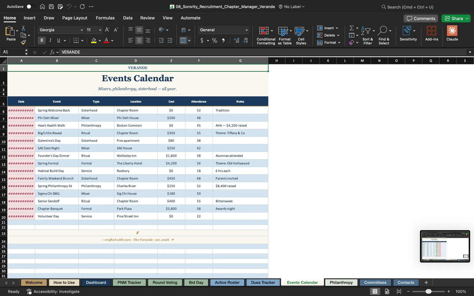 Sorority Planner, Events Calendar