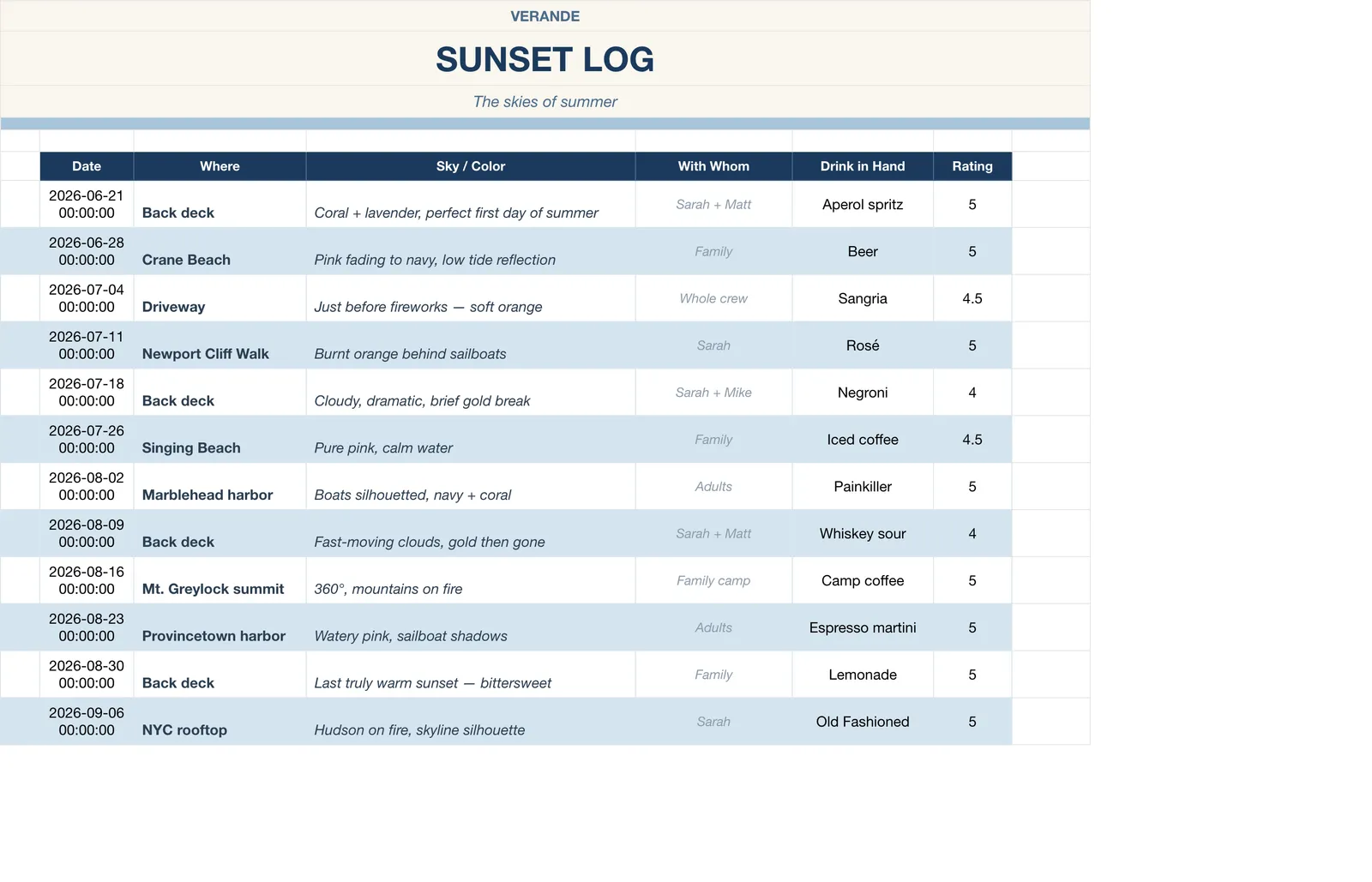 Summer Bucket List Memory Book, Sunset Log