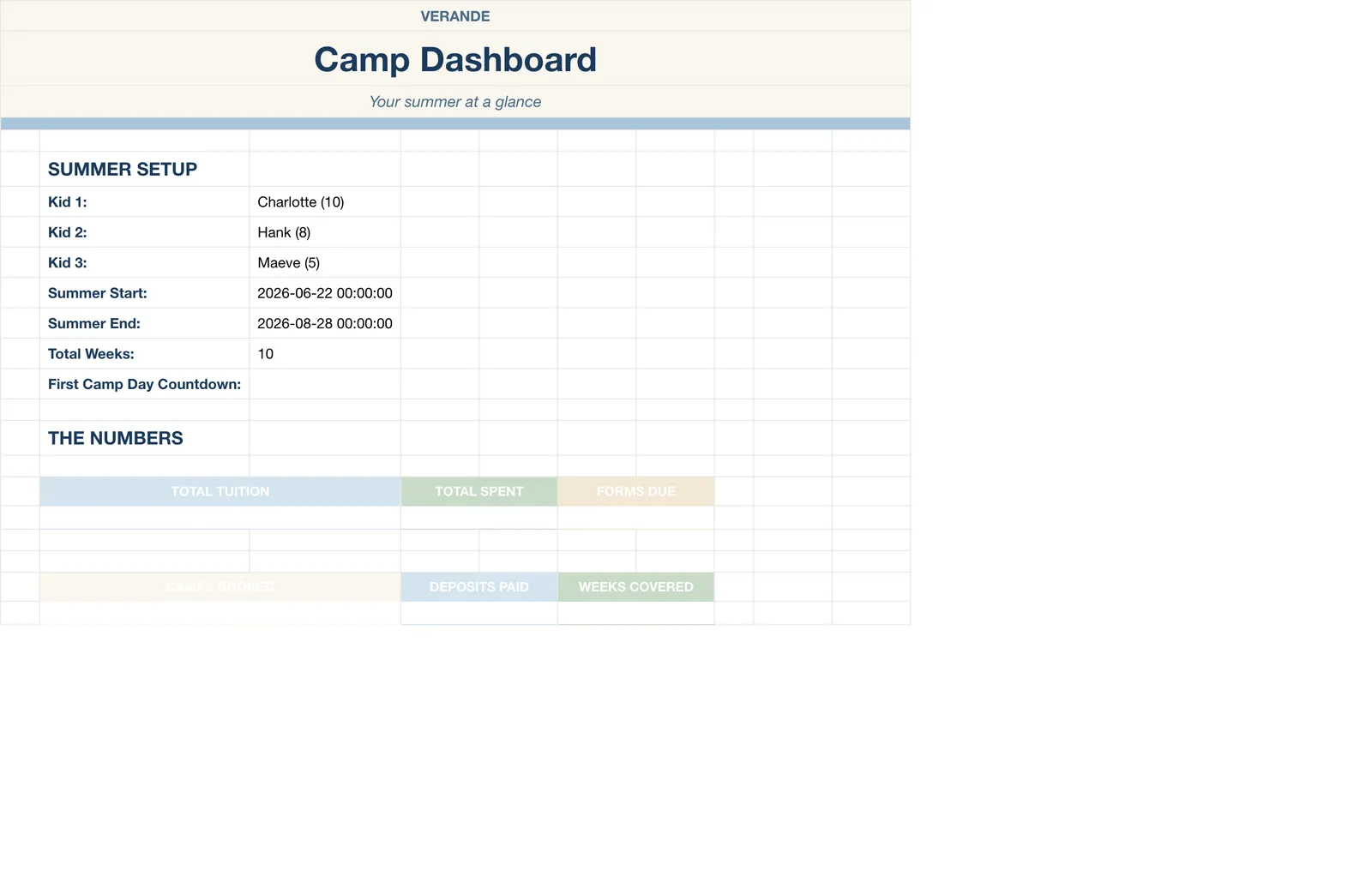 Summer Camp Planner, Camp Dashboard