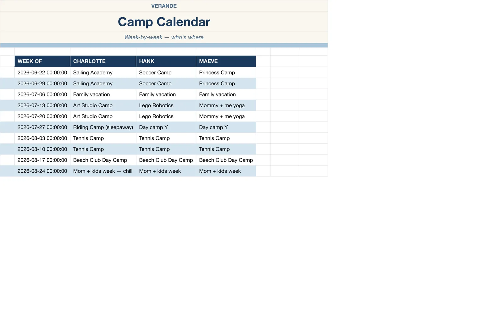 Summer Camp Planner, Camp Calendar