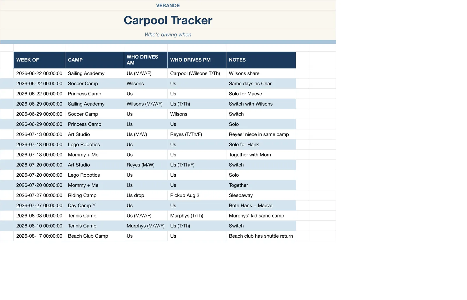 Summer Camp Planner, Carpool Tracker