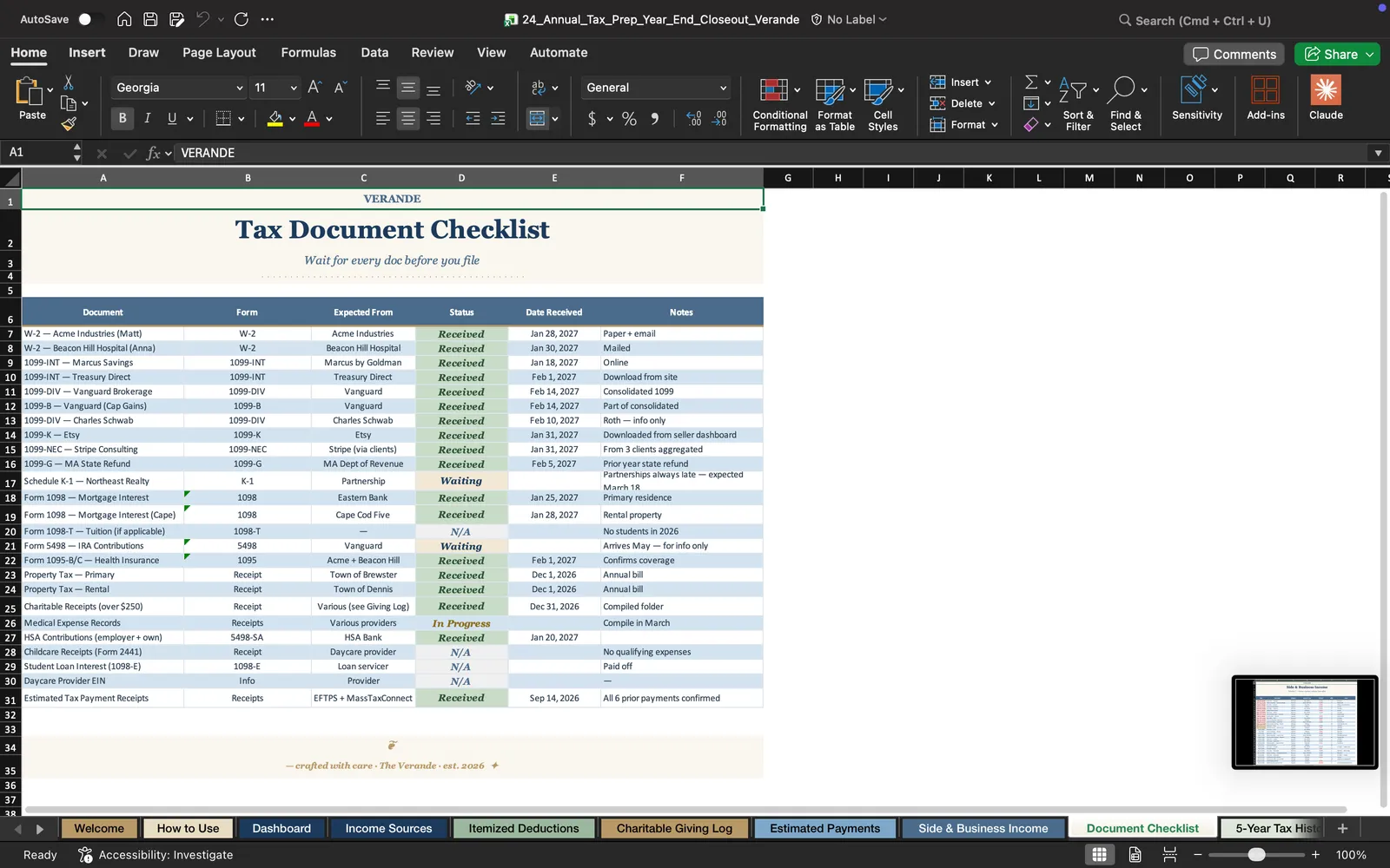 Tax Planning, Document Checklist